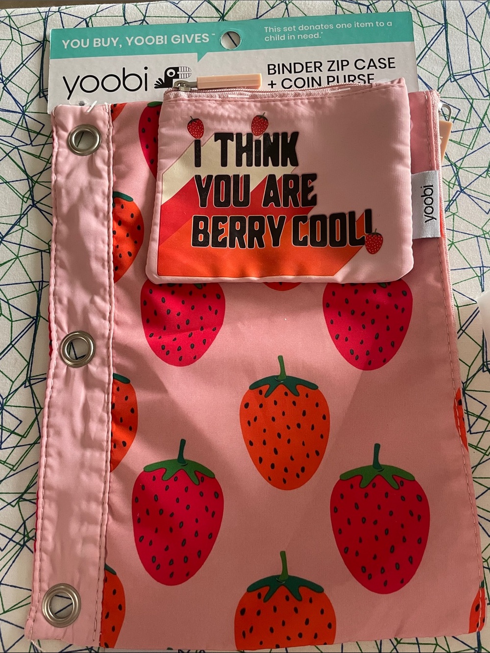 Yoobi Pink & Red Strawberry Binder Zip Case + Coin Purse